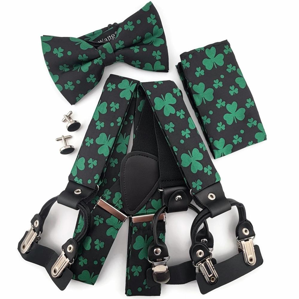 Barry.Wang 3 Leaf Clover Green and Black 4 Piece Suspender Set